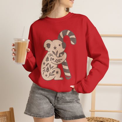 Koala Candy Cane Crewneck Christmas Sweatshirt — Whimsical Floral Australian Koala Holiday Sweatshirt