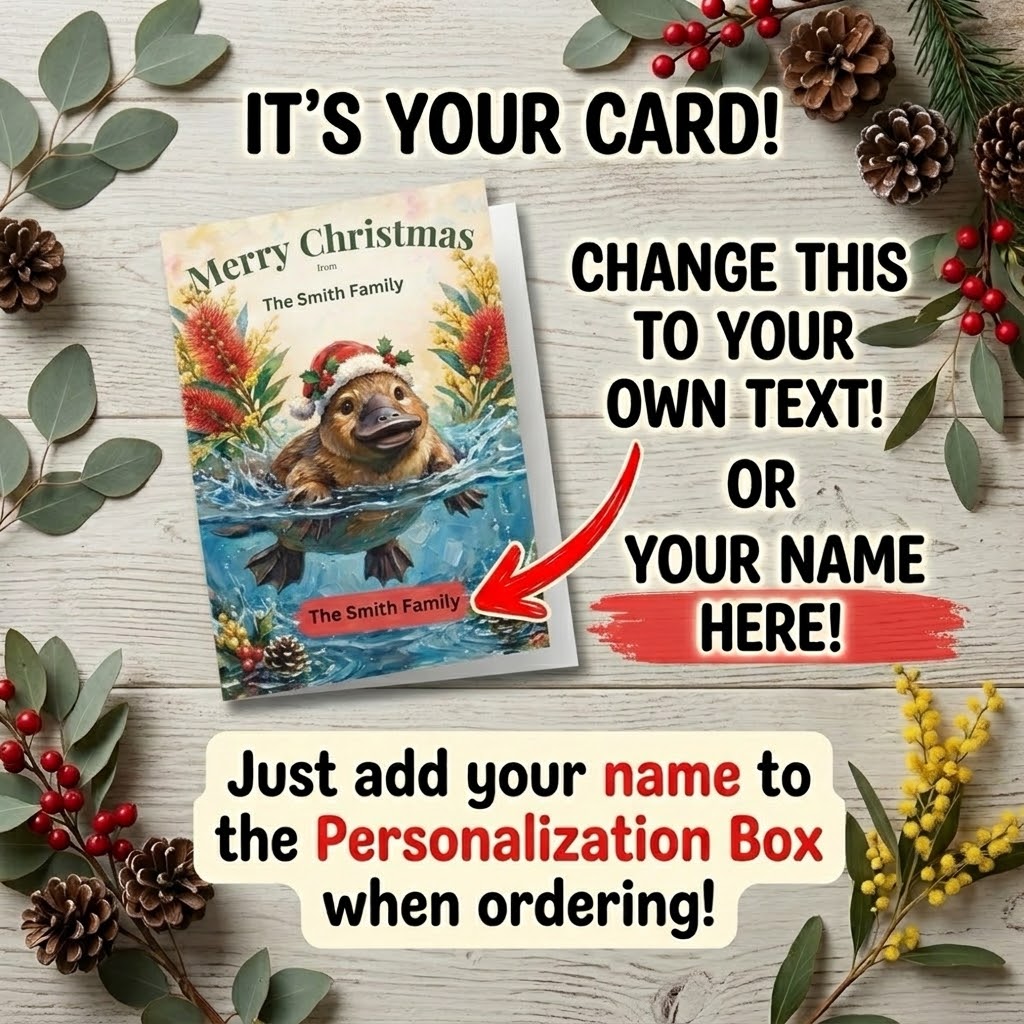 Personalised Christmas Postcards Pack of 10 with Envelopes, Custom Name Platypus Christmas Postcard, Australian Animals (US and CA)