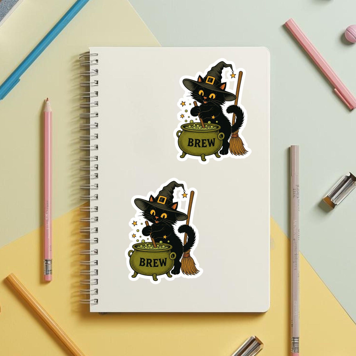 Witchy Cat Bubbling Cauldron | Halloween Vintage | White Vinyl | Die-Cut Sticker