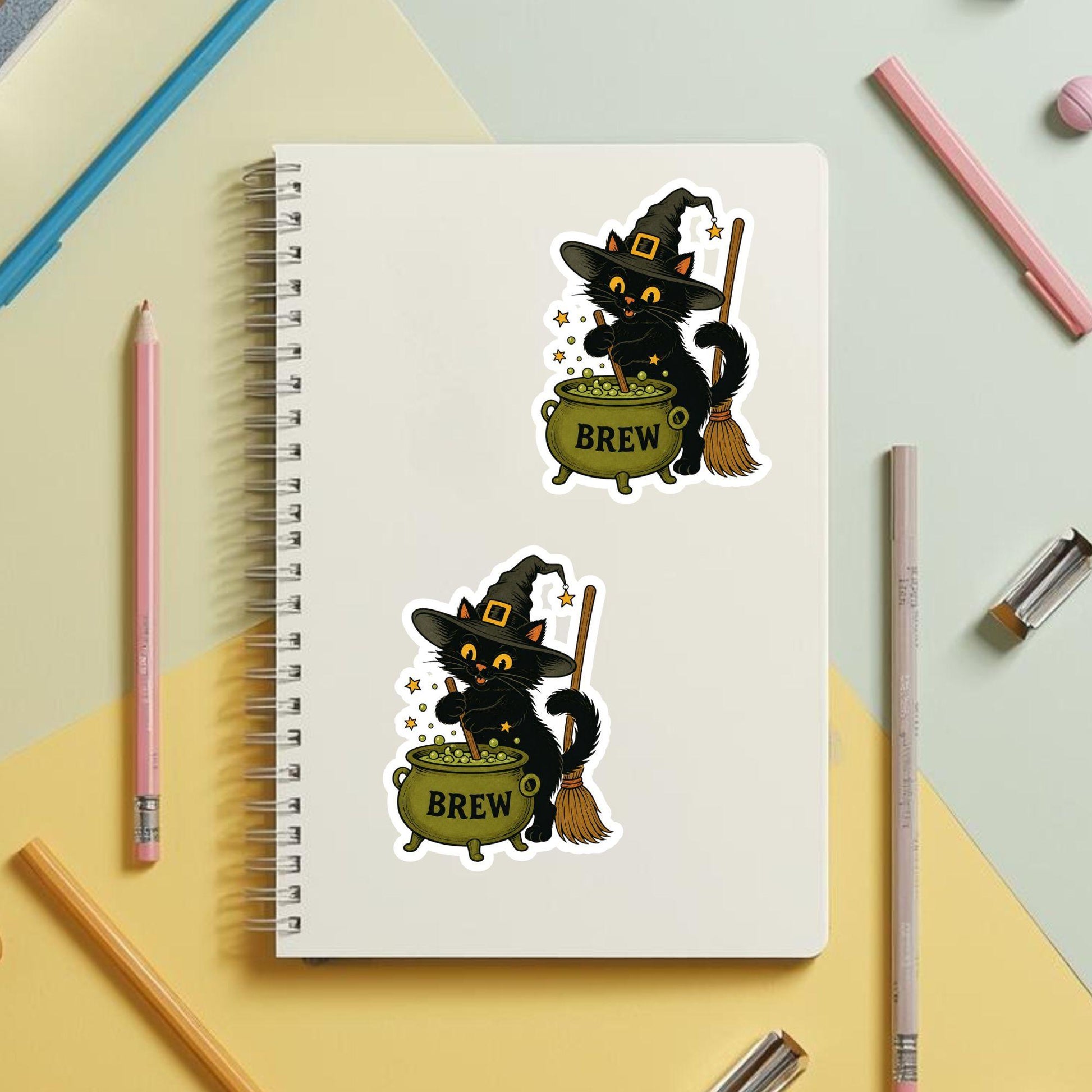 Witchy Cat Bubbling Cauldron | Halloween Vintage | White Vinyl | Die-Cut Sticker