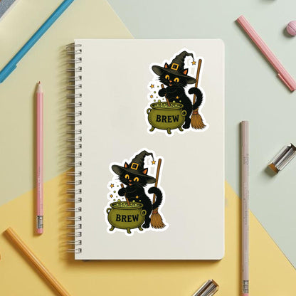 Witchy Cat Bubbling Cauldron | Halloween Vintage | White Vinyl | Die-Cut Sticker