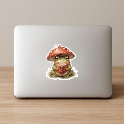 Reading Mushroom Frog Bookish | Cottagecore | White Vinyl | Die-Cut Sticker