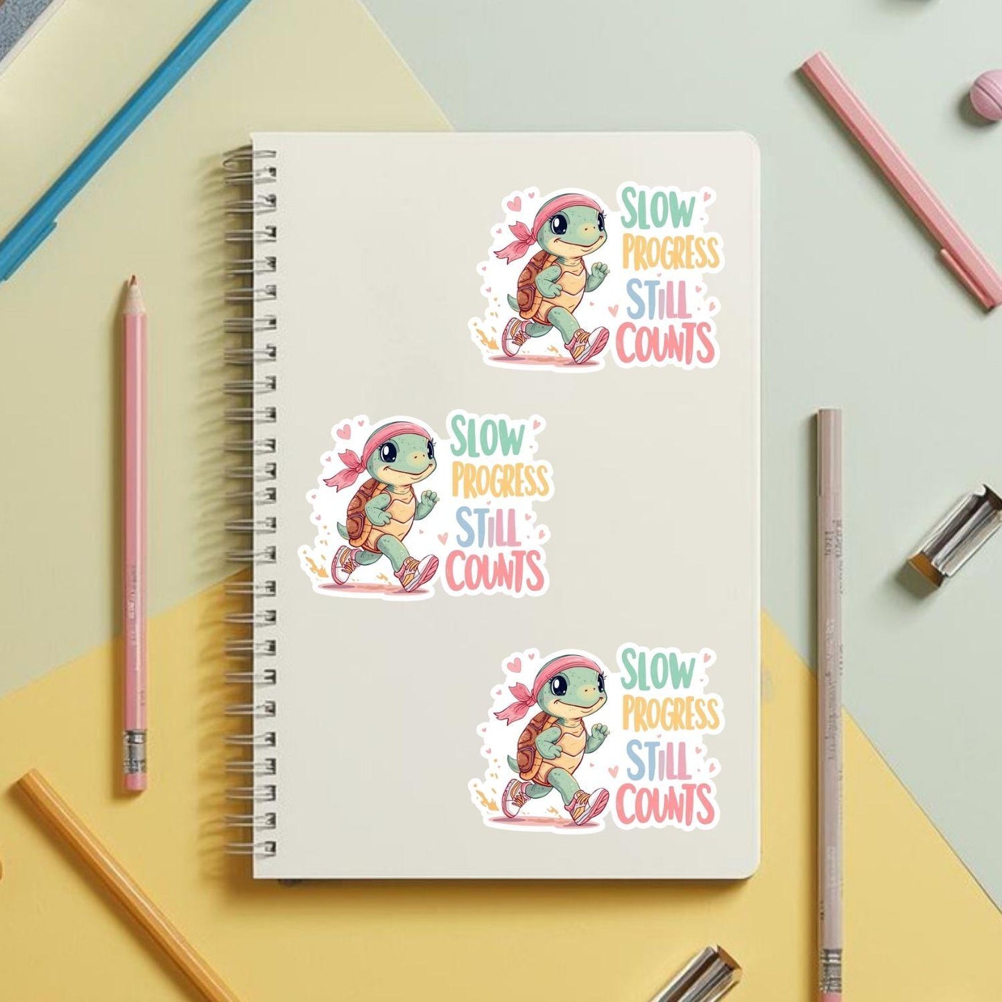 Slow Progress Still Counts Turtle | Motivational | White Gloss Vinyl | Die-Cut Sticker