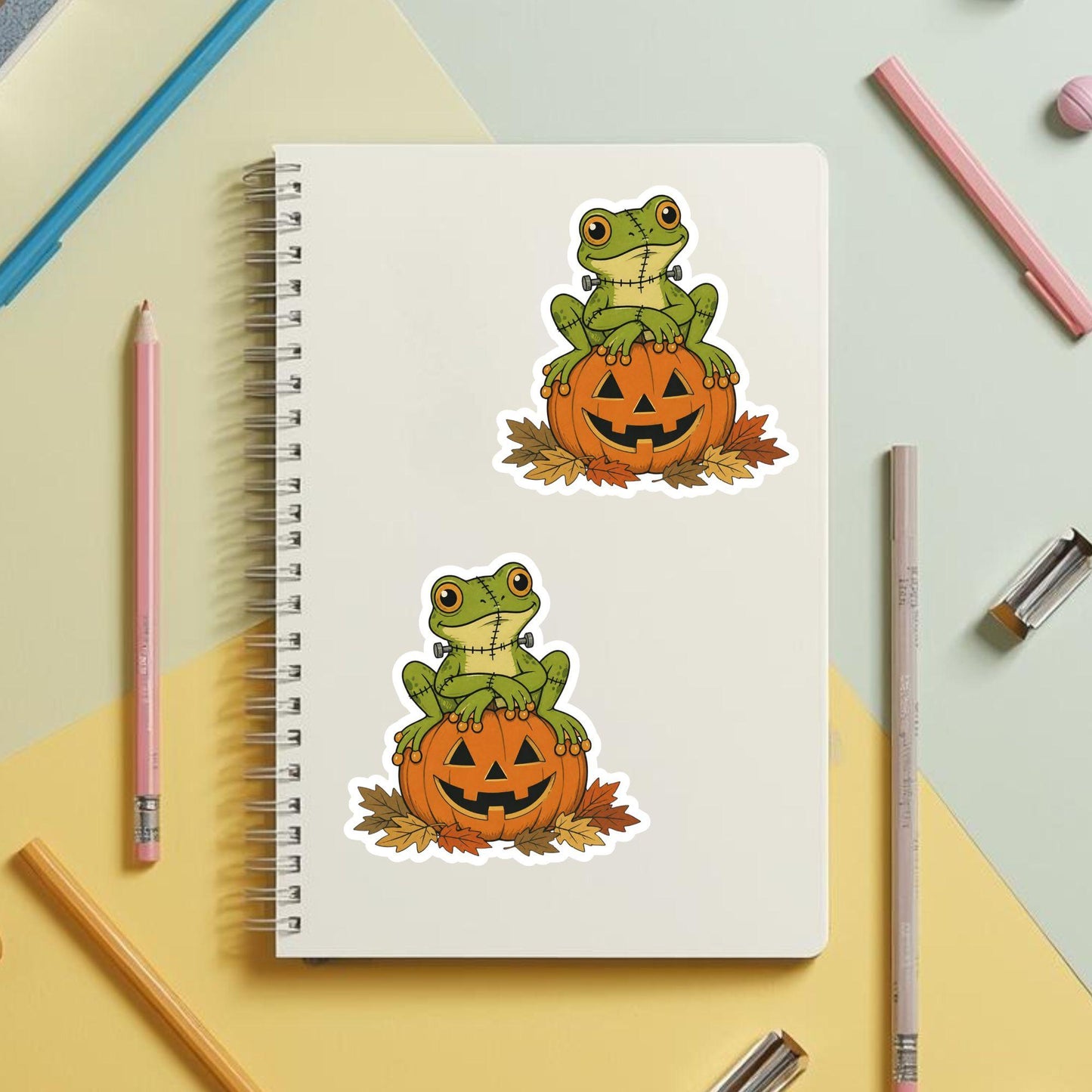 Franken-Frog on Jack-O'-Lantern | Halloween Vintage | White Vinyl | Die-Cut Sticker