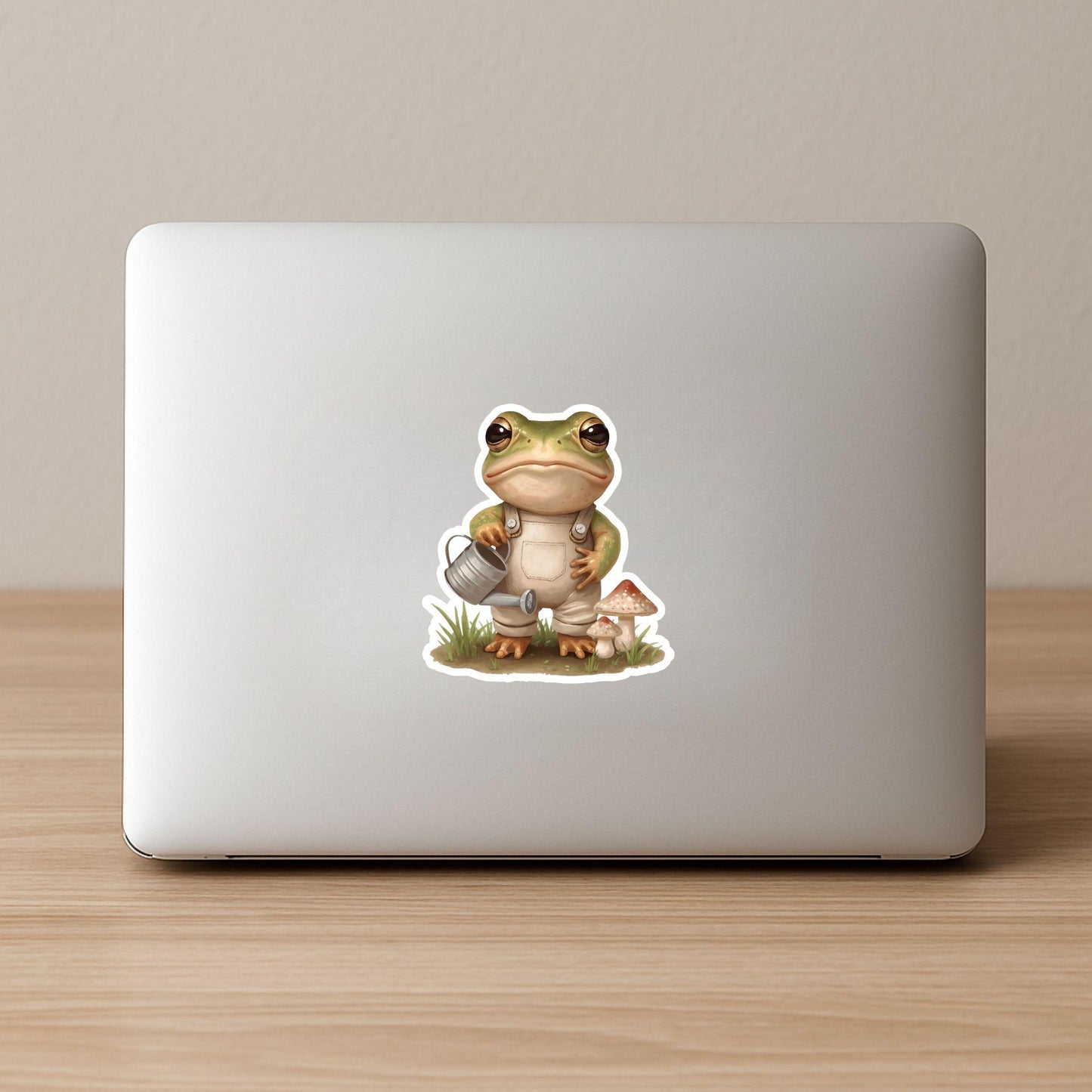 Gardening Frog Overalls & Can | Cottagecore | White Vinyl | Die-Cut Sticker