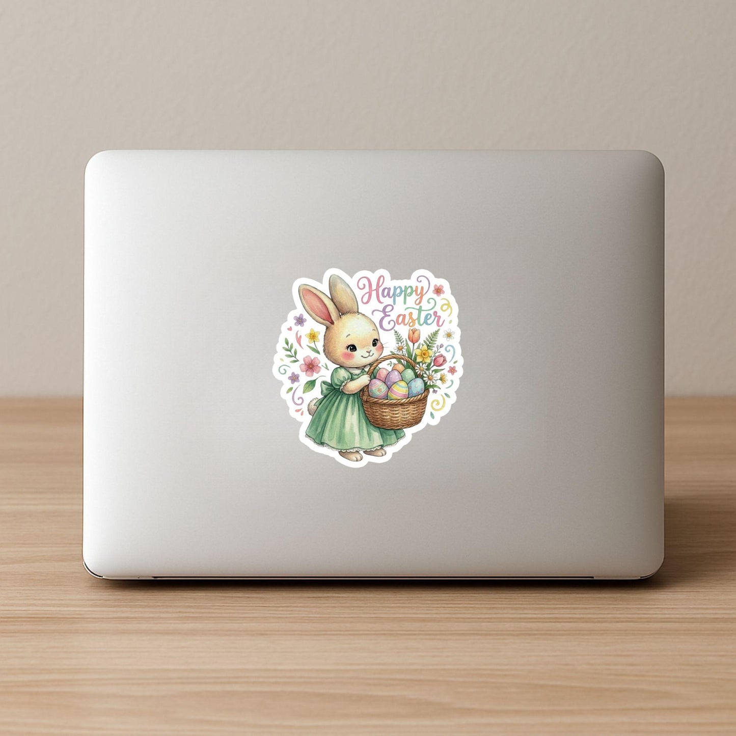 Happy Easter Bunny Spring Basket | Easter Decal | White Vinyl | Die-Cut Sticker