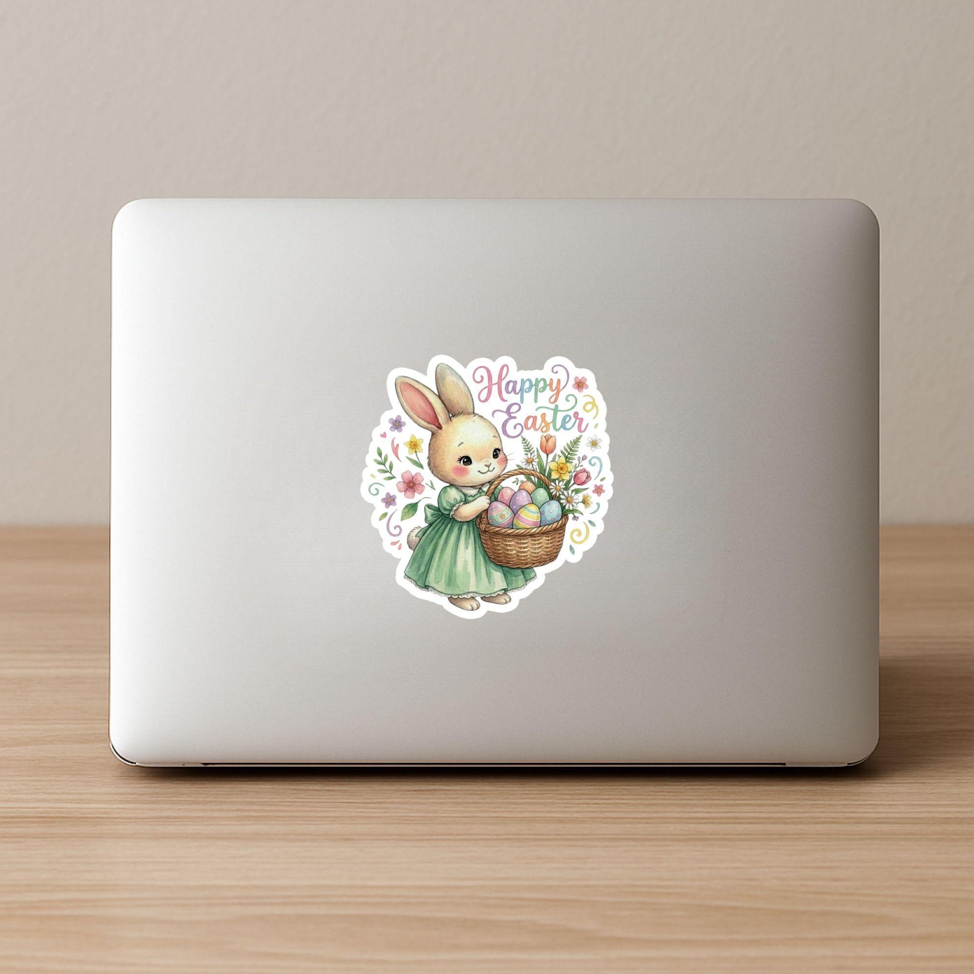 Happy Easter Bunny Spring Basket | Easter Decal | White Vinyl | Die-Cut Sticker