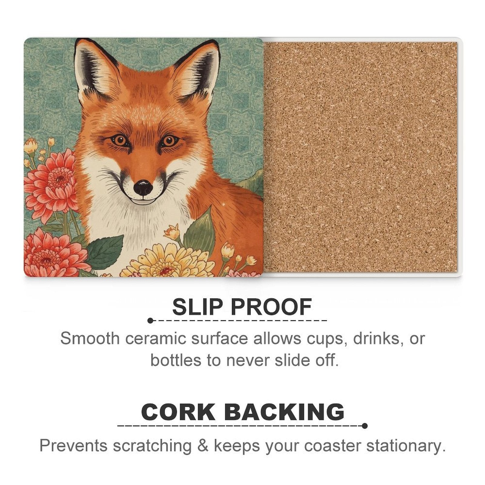 Floral Fox Japanese Ukiyo-e Inspired Ceramic Coasters (Set of 4 or 6)