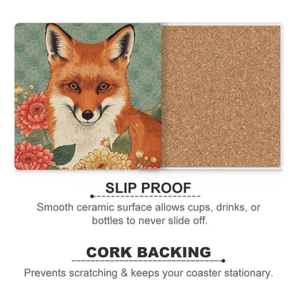 Floral Fox Japanese Ukiyo-e Inspired Ceramic Coasters (Set of 4 or 6)