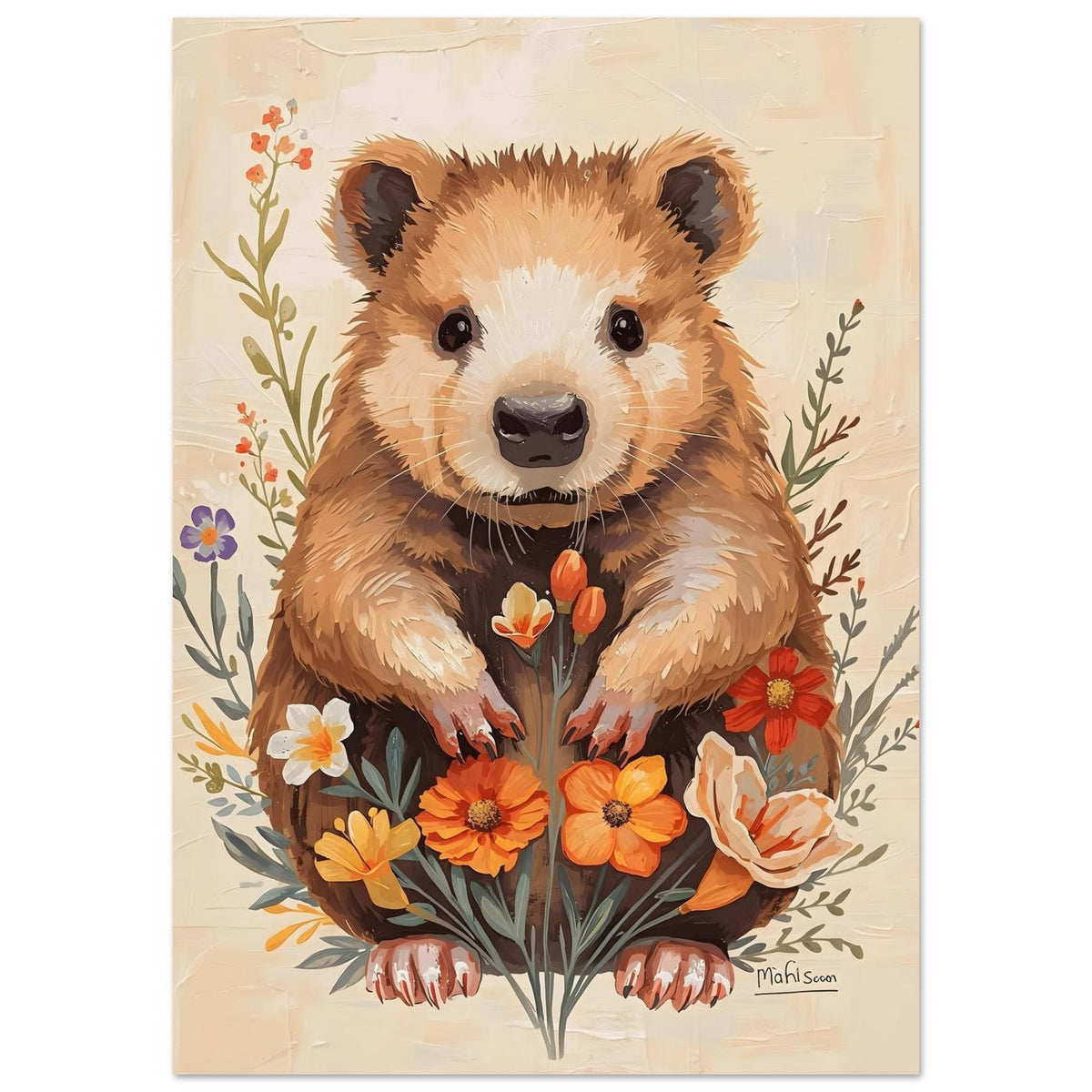 Charming Wildflower Critter Fine Art Poster in Warm Earthy Tones A1 (59.4 x 84.1 cm)