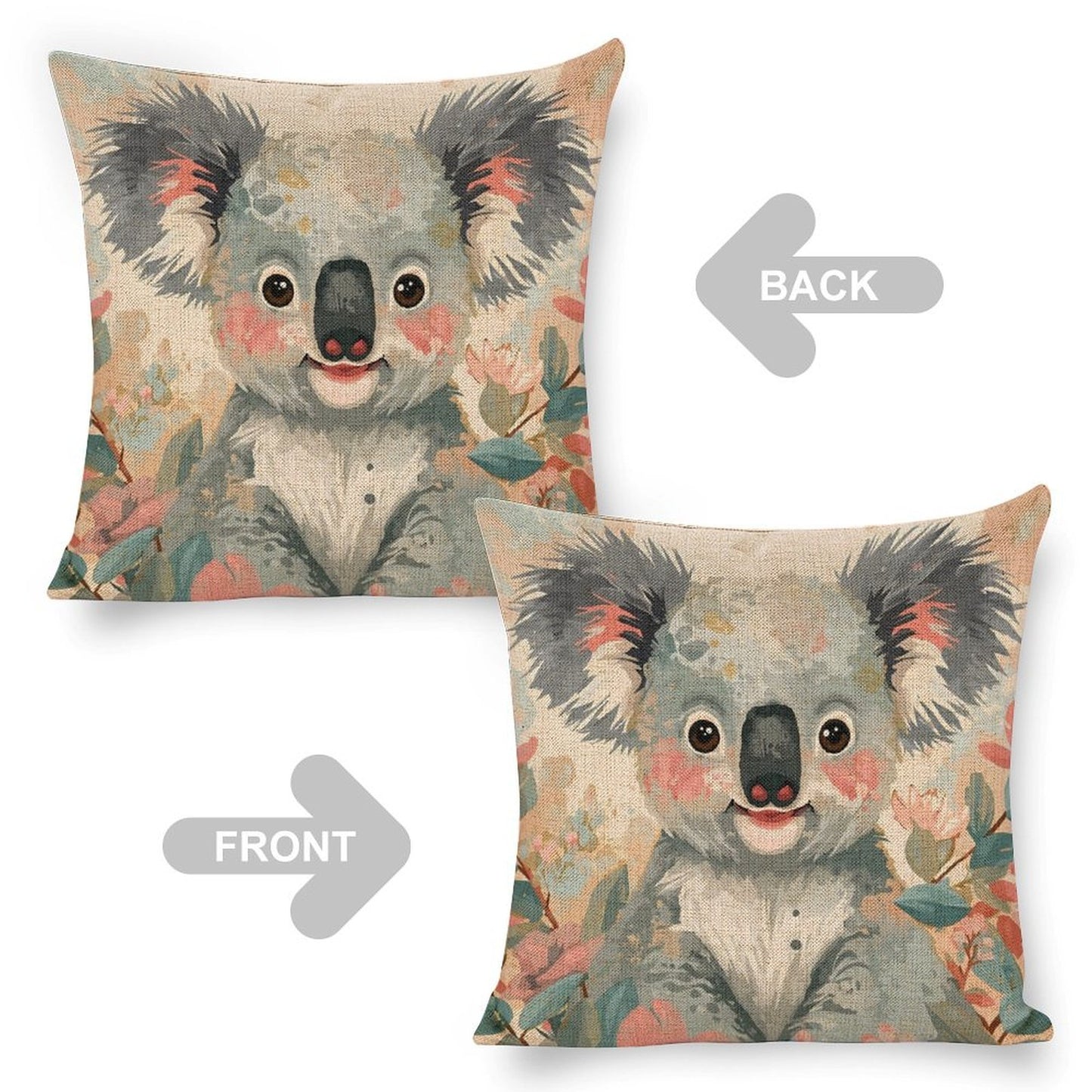 Koala in Bloom Linen Cushion Pillow Cover — Double-Sided Print, 45×45cm