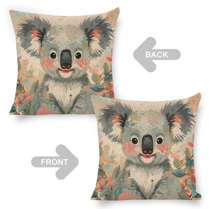 Koala in Bloom Linen Cushion Pillow Cover — Double-Sided Print, 45×45cm