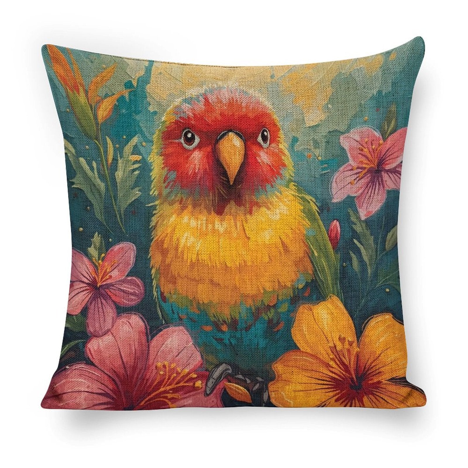 Tropical Lovebird Linen Cushion Pillow Cover — Double-Sided Print, 45×45cm rice white 18"×18"