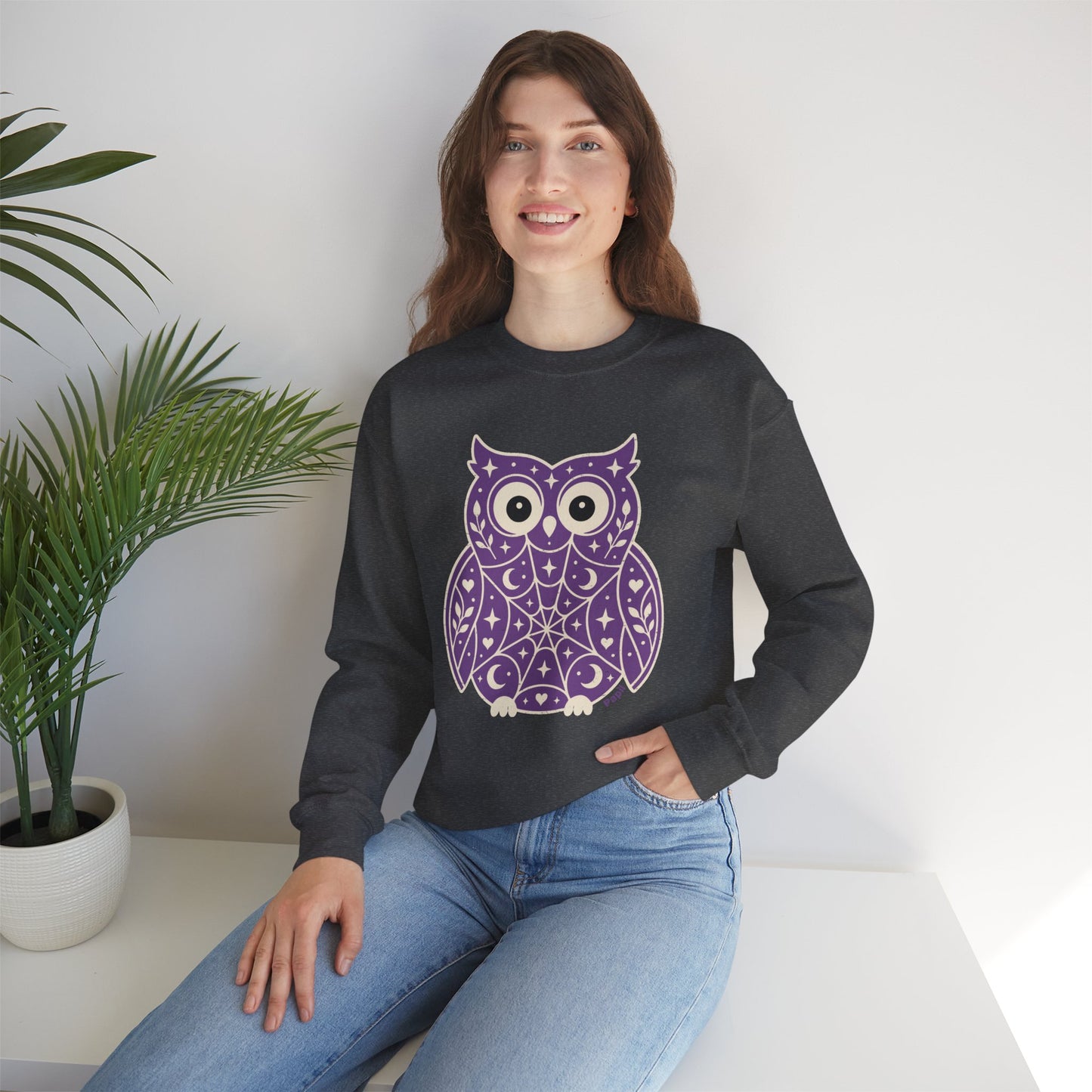 Decorative Folk Owl Crewneck Sweatshirt | Vintage Graphic Pullover
