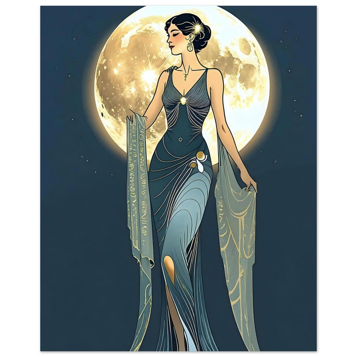 Art Deco Diva Moonlit Fine Art Poster - A Touch of Roaring Twenties Glamour for Your Walls 20x25 cm 8x10″