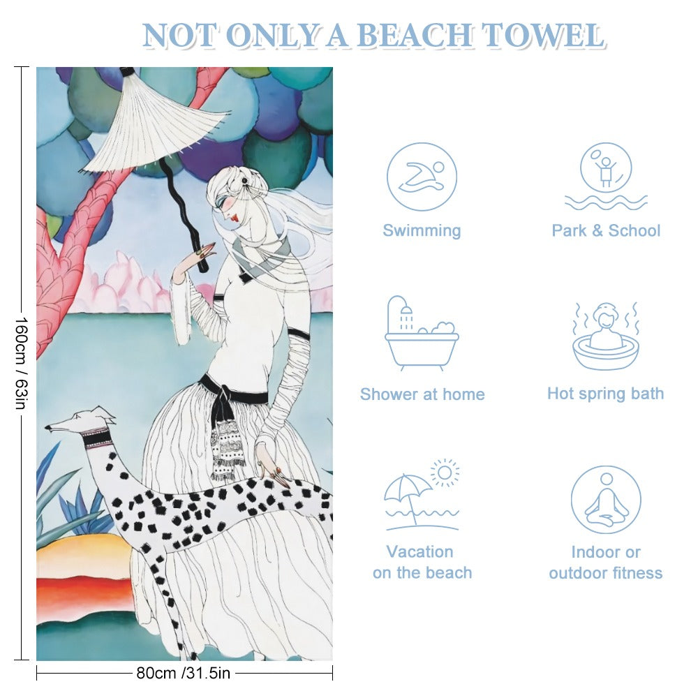 Gentle Companionship – Premium Beach Towel | Vintage Lady & Dog Art | 160×80 cm