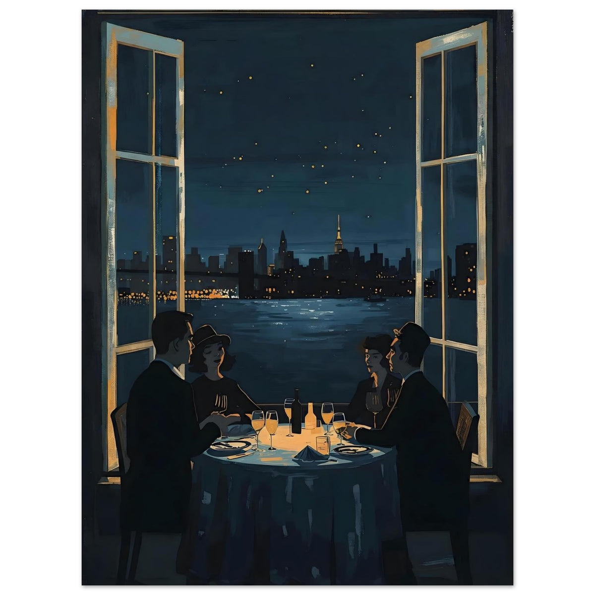 Midnight Rendezvous Fine Art Poster - Evocative Cityscape Dining Art Print 45x60 cm 18x24″