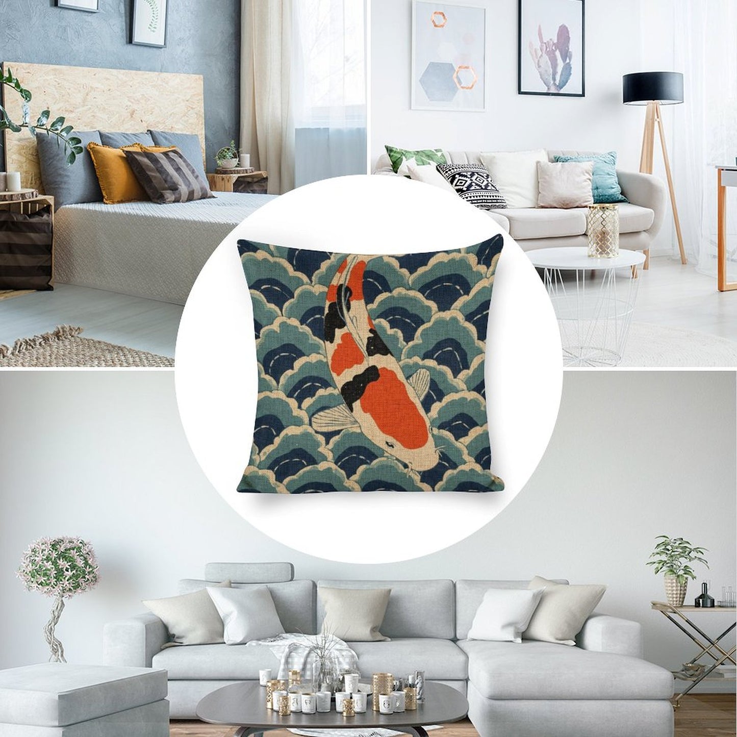 Koi Harmony Linen Cushion Pillow Cover — Double-Sided Print, 45×45cm