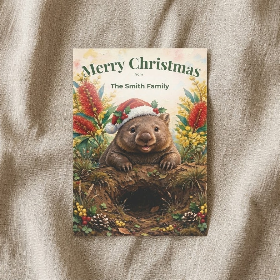 Personalised Christmas Postcards Pack of 10 with Envelopes, Custom Name Wombat Christmas Postcard, Australian Animals Xmas