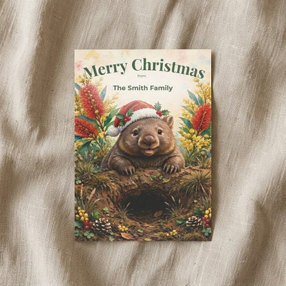 Personalised Christmas Postcards Pack of 10 with Envelopes, Custom Name Wombat Christmas Postcard, Australian Animals Xmas