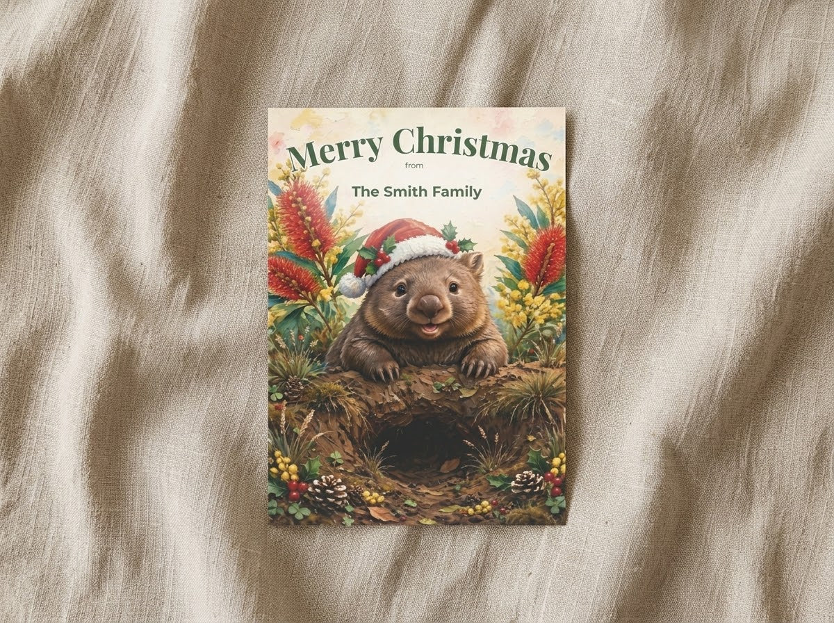 Personalised Christmas Postcards Pack of 10 with Envelopes, Custom Name Wombat Christmas Postcard, Australian Animals (US and CA)