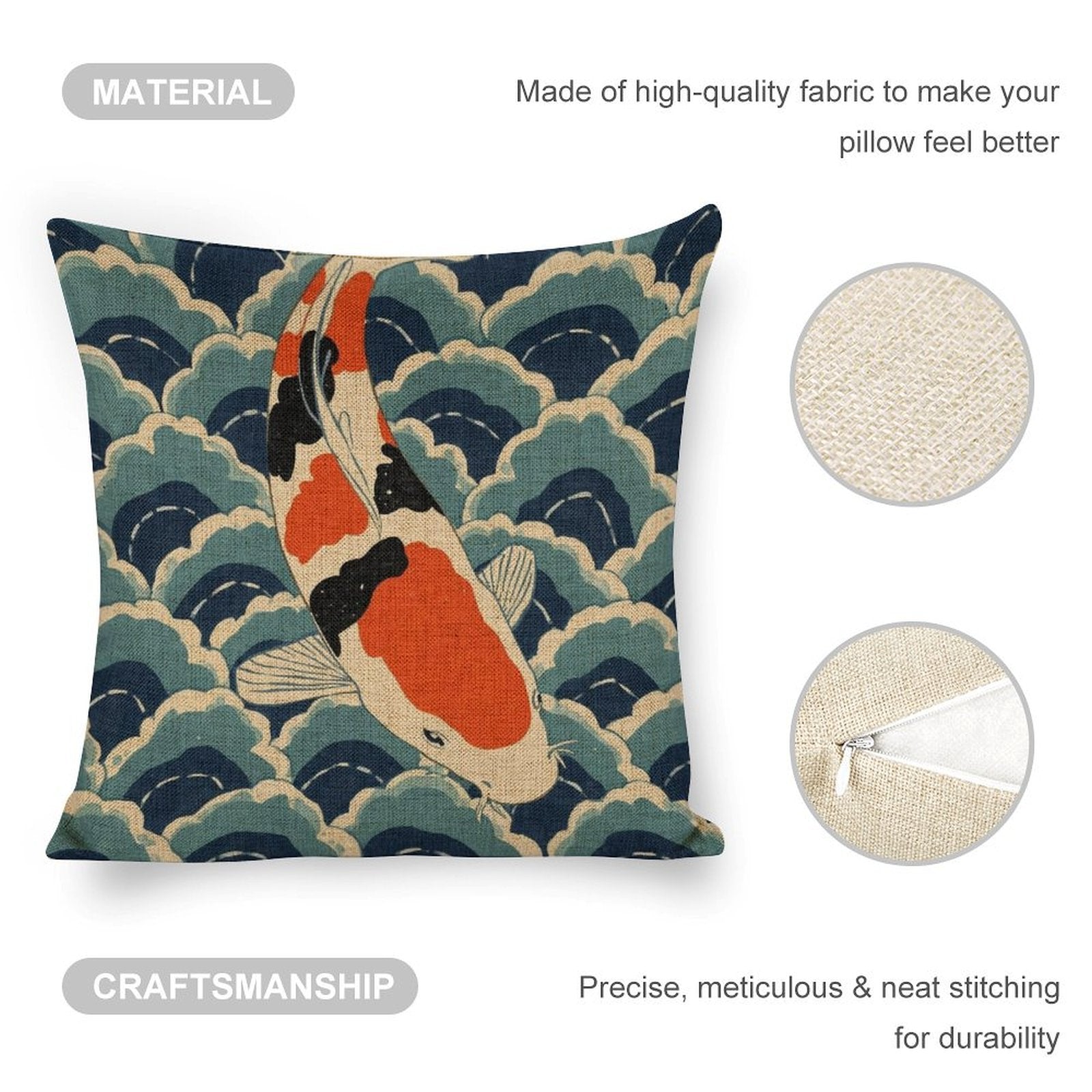 Koi Harmony Linen Cushion Pillow Cover — Double-Sided Print, 45×45cm