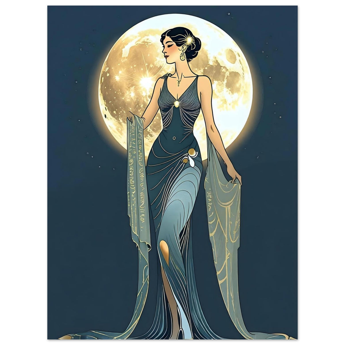 Art Deco Diva Moonlit Fine Art Poster - A Touch of Roaring Twenties Glamour for Your Walls 75x100 cm 30x40″
