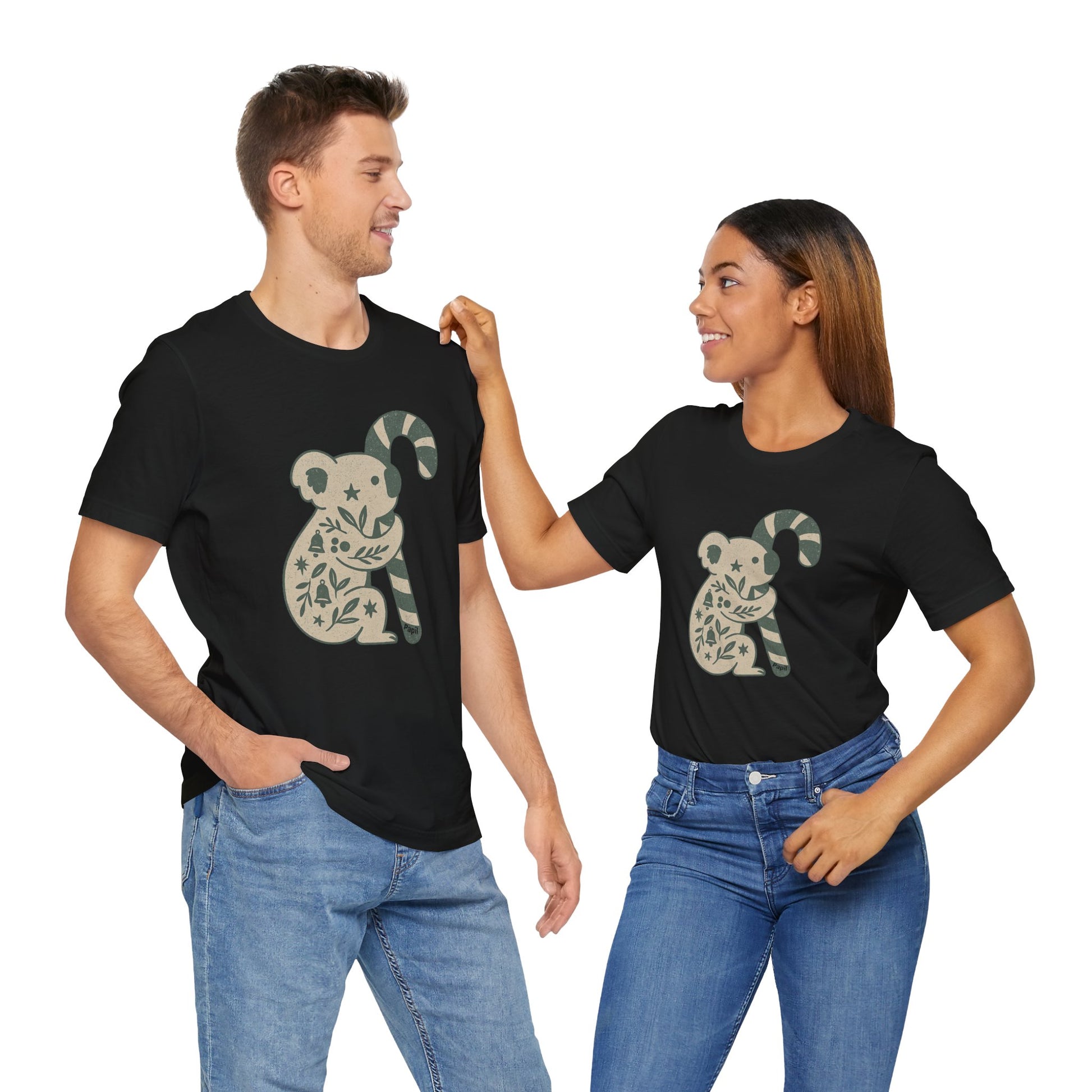 Floral Koala with Candy Cane Christmas Tee | Botanical Animal Woodland T-Shirt