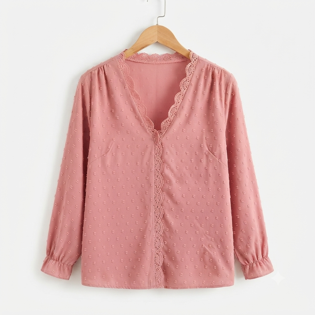 Shein Women's 2XL Pink Swiss Dot Blouse Lace Trim NWOT