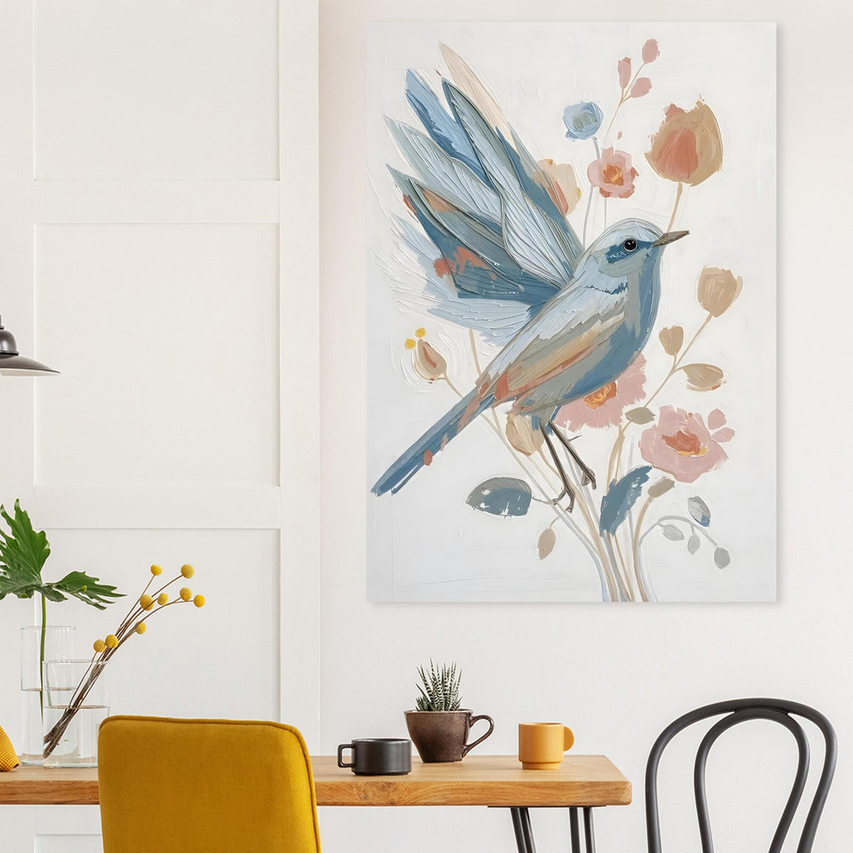 Abstract Impressionist Bird & Blossom Fine Art Poster - Soft Blue & Blush Hues