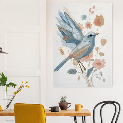 Abstract Impressionist Bird & Blossom Fine Art Poster - Soft Blue & Blush Hues