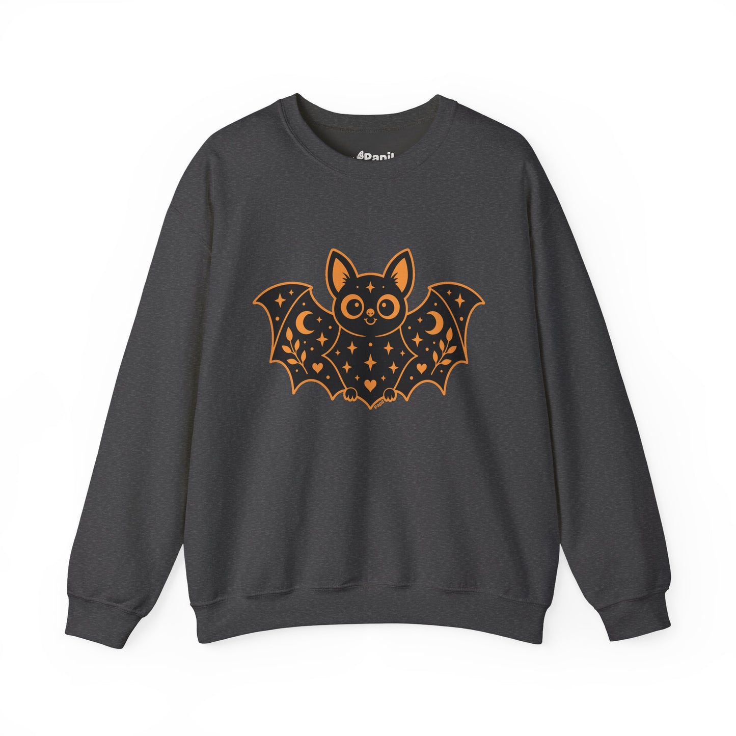 Cute Purple Bat Crewneck Sweatshirt | Kawaii Night Sky Halloween Pullover Dark Heather