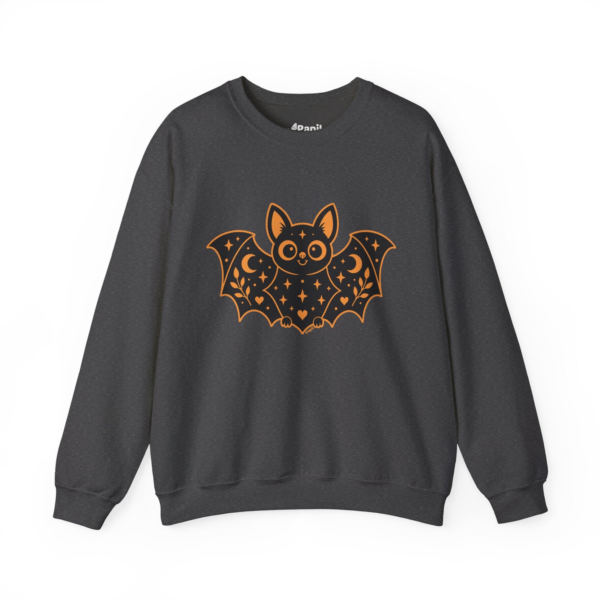 Cute Purple Bat Crewneck Sweatshirt | Kawaii Night Sky Halloween Pullover Dark Heather