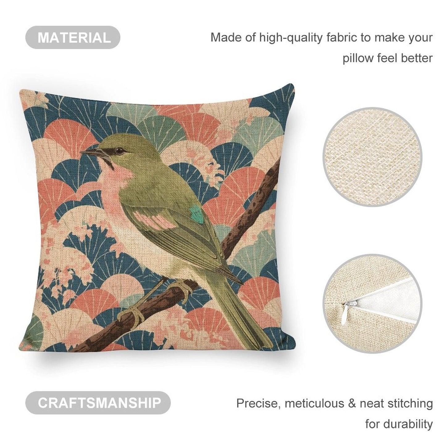 Songbird Serenity Linen Double Sided Throw Pillow Cushion Covers |45×45 cm | Set of 2