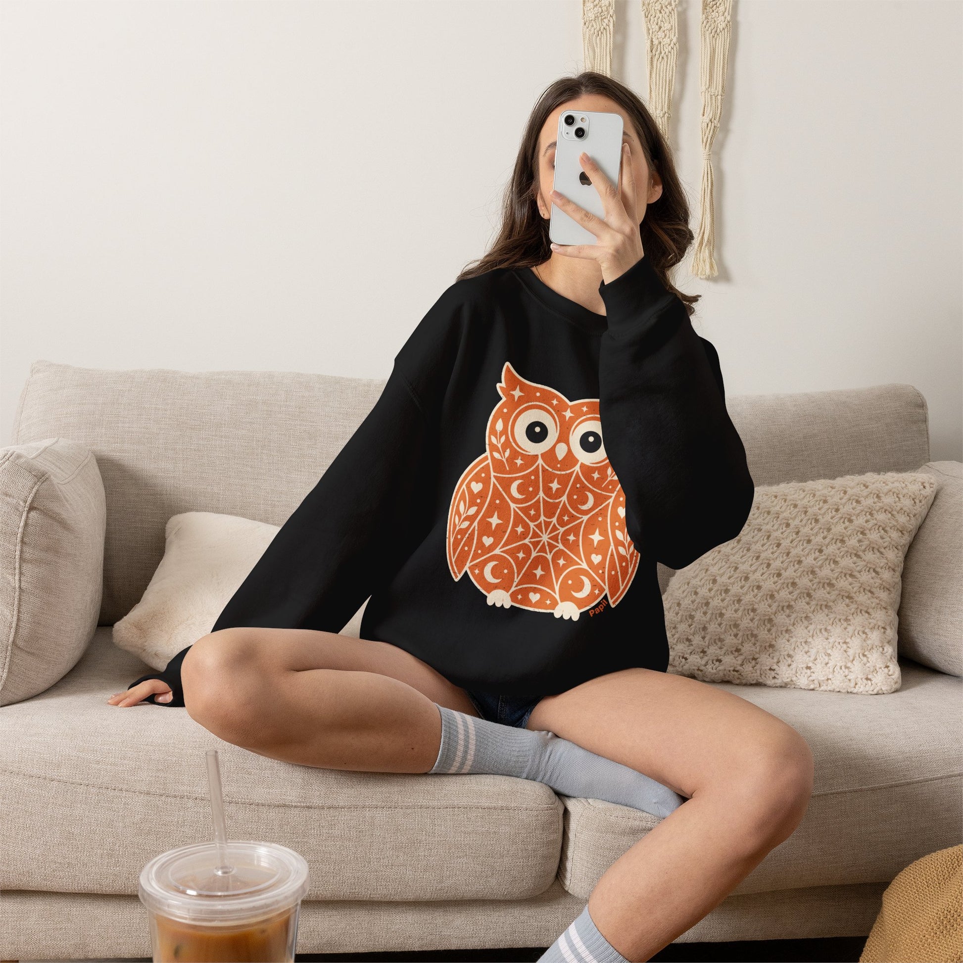 Decorative Folk Owl Crewneck Sweatshirt | Vintage Graphic Pullover