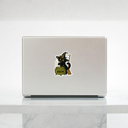 Witchy Cat Bubbling Cauldron | Halloween Vintage | White Vinyl | Die-Cut Sticker