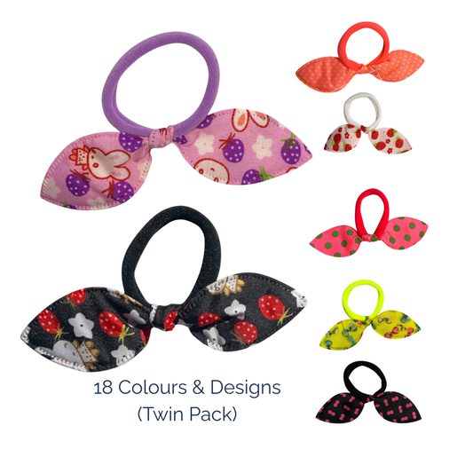 Fabric Bow Hair Ties – 2 Pack Printed Bows on Soft Elastic Bands