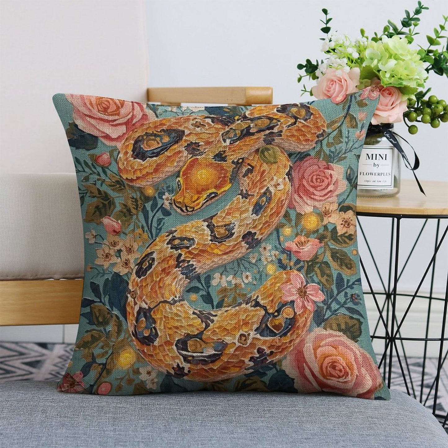 Serpent & Roses Linen Cushion Pillow Cover — Double-Sided Print, 45×45cm