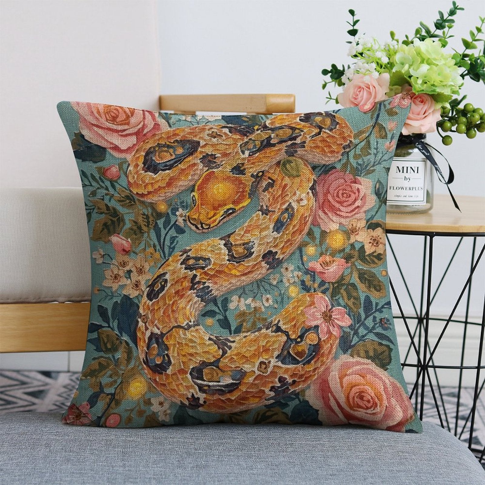 Serpent & Roses Linen Cushion Pillow Cover — Double-Sided Print, 45×45cm