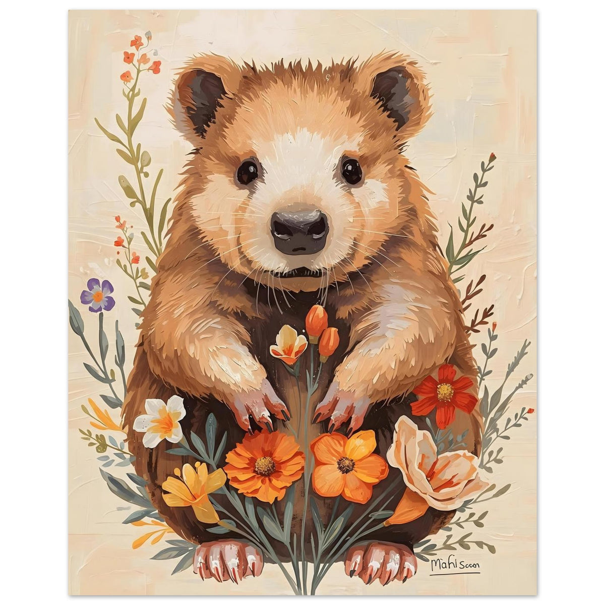 Charming Wildflower Critter Fine Art Poster in Warm Earthy Tones 20x25 cm 8x10″