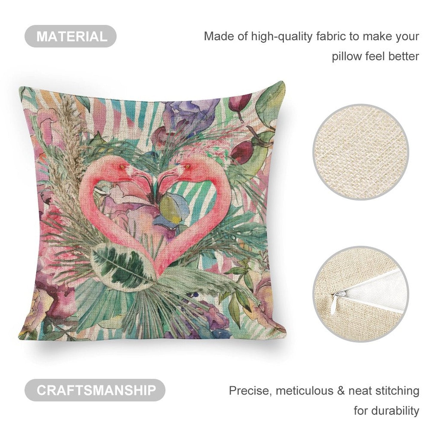 Flamingo Pair Linen Cushion Pillow Cover — Double-Sided Print, 45×45cm