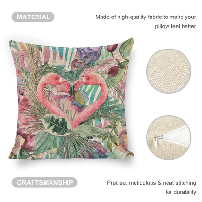 Flamingo Pair Linen Cushion Pillow Cover — Double-Sided Print, 45×45cm