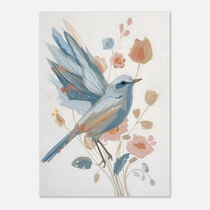Abstract Impressionist Bird & Blossom Fine Art Poster - Soft Blue & Blush Hues