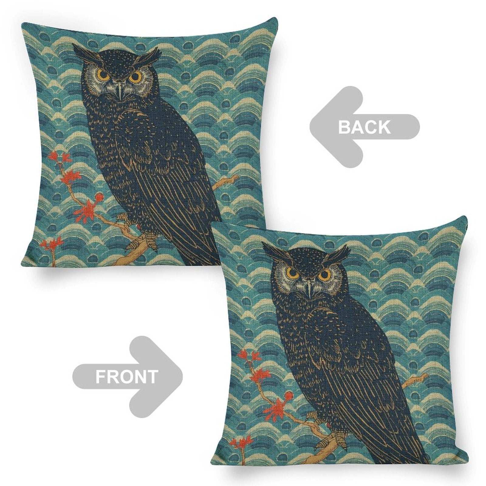 Majestic Owl Linen Cushion Pillow Cover — Double-Sided Print, 45×45cm