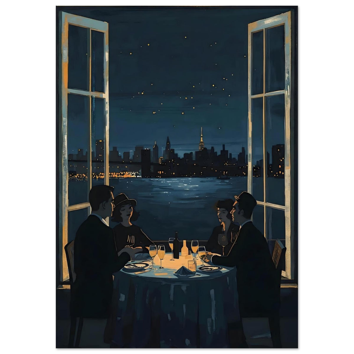 Midnight Rendezvous Fine Art Poster - Evocative Cityscape Dining Art Print 21x29.7 cm 8x12"
