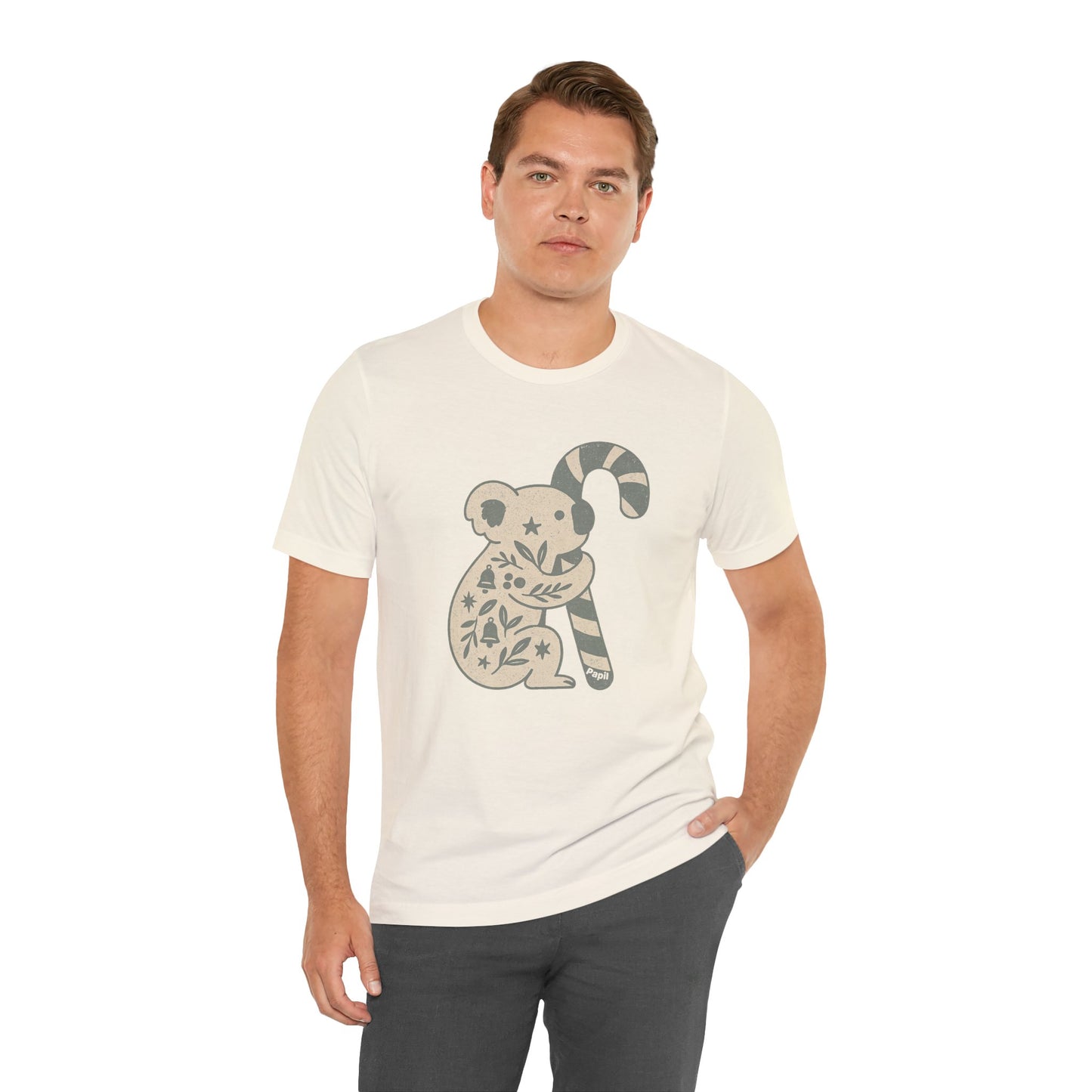 Floral Koala with Candy Cane Christmas Tee | Botanical Animal Woodland T-Shirt