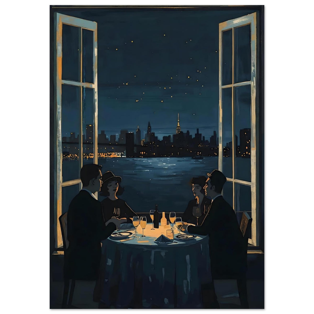 Midnight Rendezvous Fine Art Poster - Evocative Cityscape Dining Art Print A1 (59.4 x 84.1 cm)