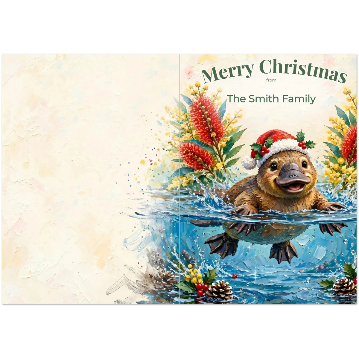 Personalised Christmas Cards Pack of 10 with Envelopes, Custom Family Name Platypus Christmas Card, Australian Animals Xmas Card Set