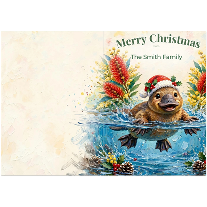 Personalised Christmas Cards Pack of 10 with Envelopes, Custom Family Name Platypus Christmas Card, Australian Animals Xmas Card Set