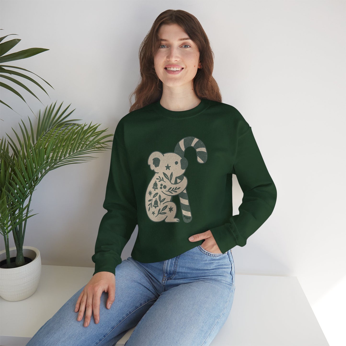 Floral Koala with Candy Cane Christmas Sweater | Botanical Animal Woodland Sweatshirt